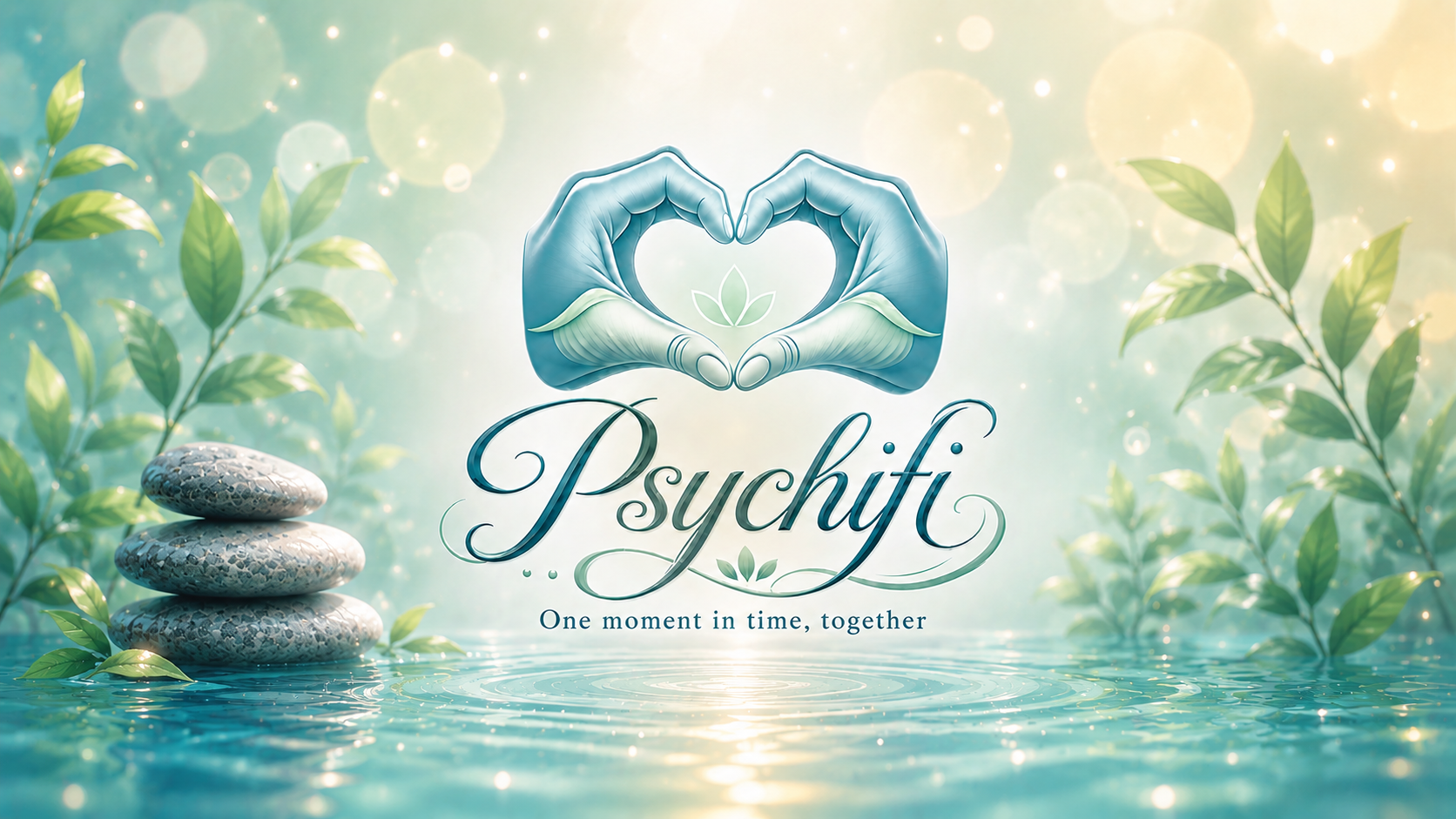 Psychifi — hands forming a heart with the Psychifi wordmark. One moment in time, together.